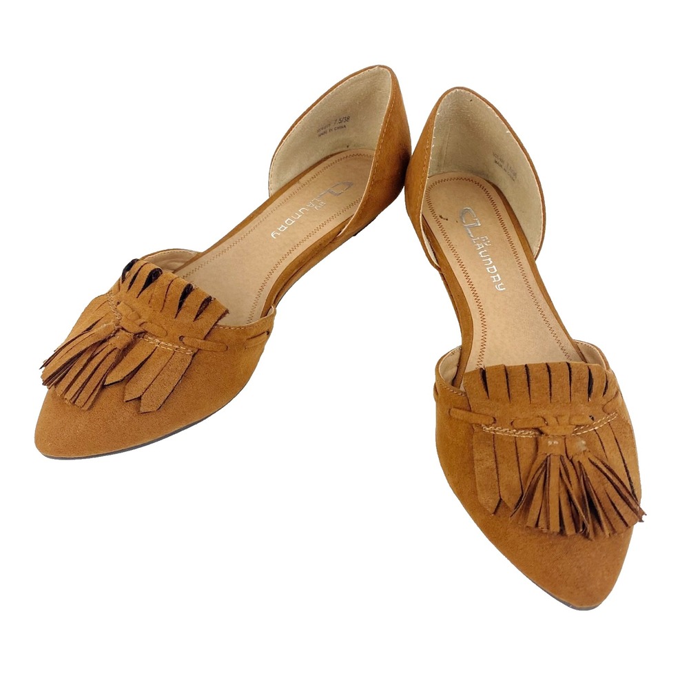 CL by Laundry Flats Women's 7.5 M Cognac Brown Faux Suede d'Orsay Fringe Tassel